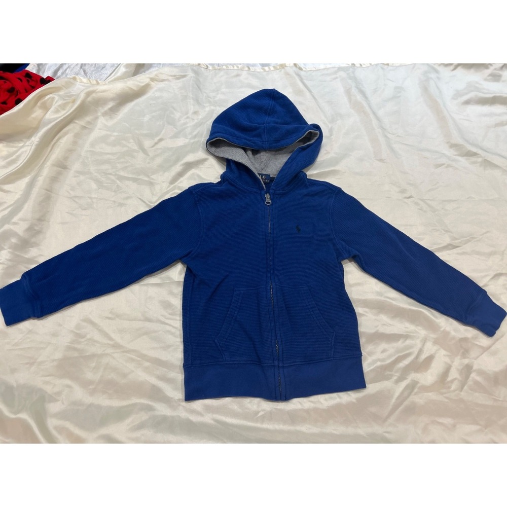 EUC Polo Ralph Lauren Boys Sz 5 Blue Waffle knit Full Zip Gray Hoodie Cotton